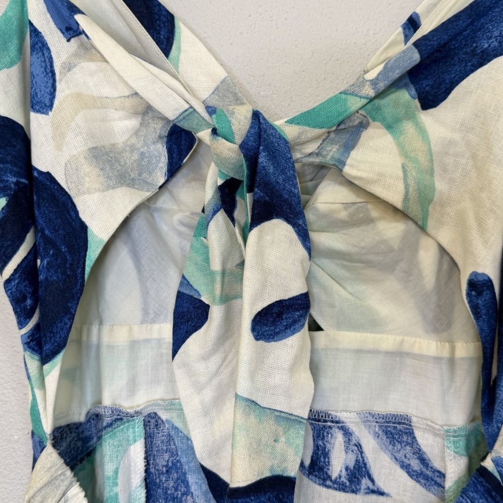 1 State Maxi Dress Womens Size Large Blue Floral Linen Blend Open Back High Slit - Picture 9 of 14